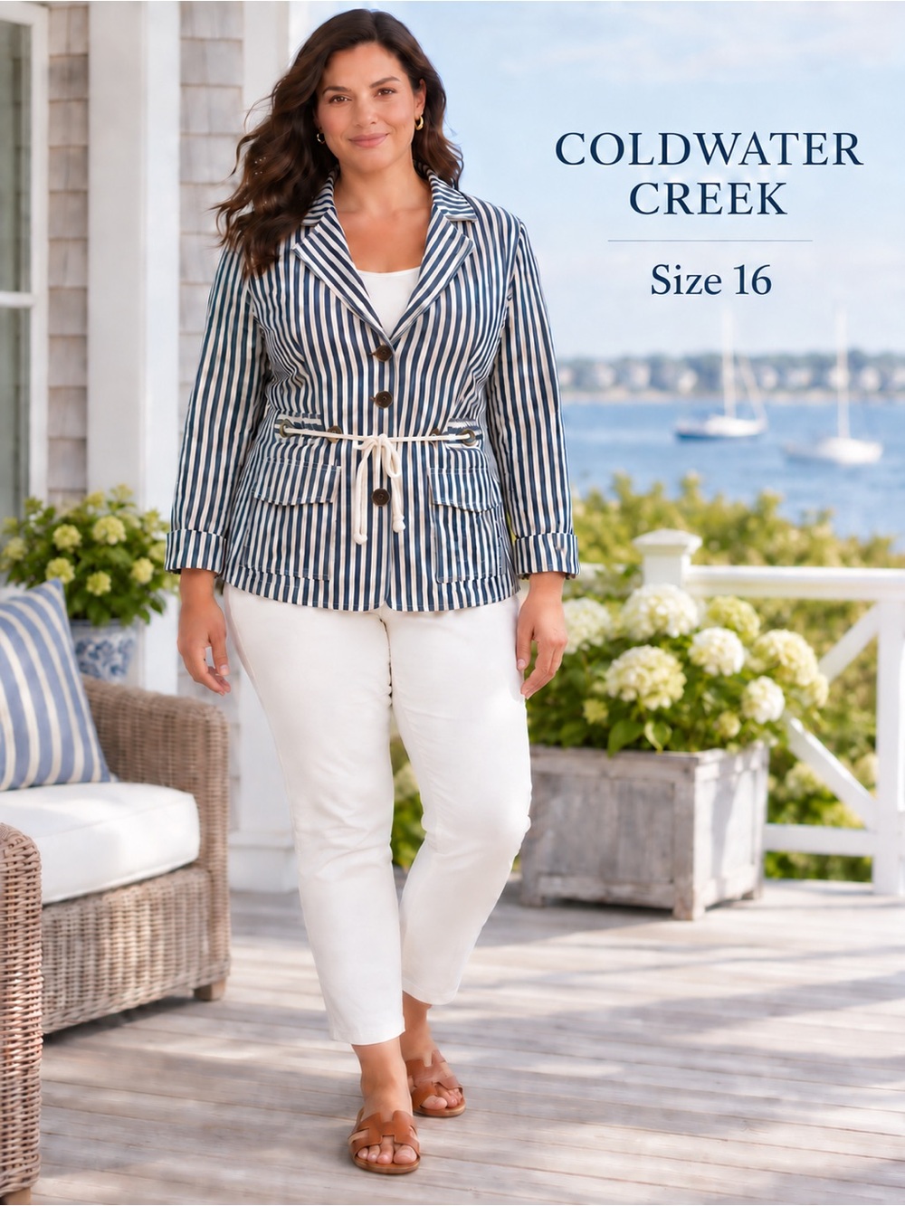 Coldwater Creek Seersucker Nautical Rope Waist Blazer Jacket Size 16